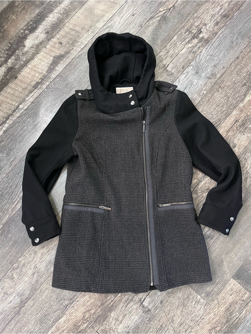 Michael Kors Hooded Plaid Jacket Wool Blend Size 12